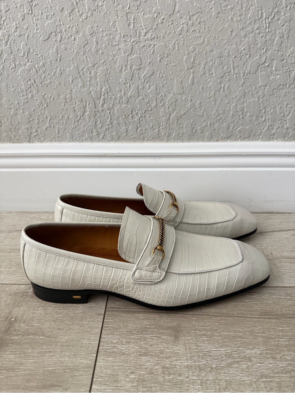 Tom Ford bailey White Croc-Embossed white Leather Loafers Gold Chain men 11.5